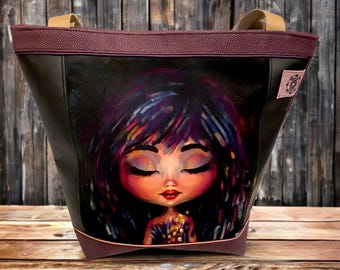 Sac à mains velours, simili cuir et anses en cuir, tons violets