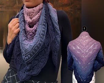 Châle dégradé lilas, violet, bleu au crochet en coton