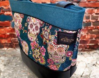 Sac à mains dia de los muertos, calaveras bleu canard