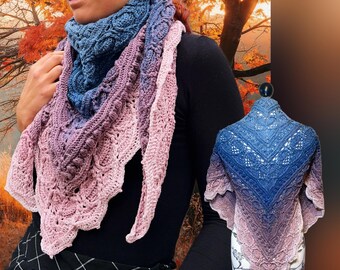 Châle dégradé rose, lavande, bleu au crochet, en coton