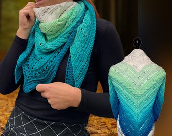Châle torsade dégradé blanc, menthe, bleu, au crochet