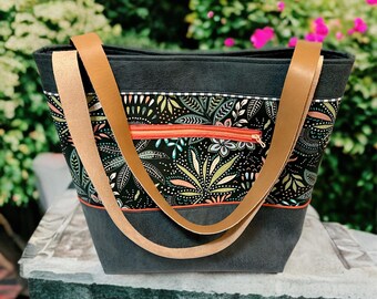 Sac à main simili cuir coton jungle vert, anses en cuir
