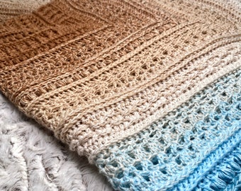 Couverture au crochet bleu, beige, marron 75cm