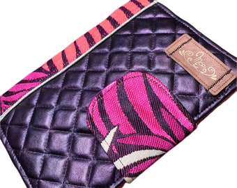 Portefeuille simili cuir violet irisé et jacquard feuilles colorées