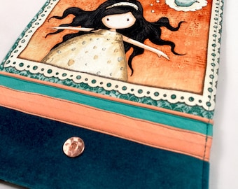 Portefeuille velours petite fille oiseau, bleu et orange