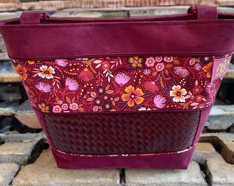 Sac à mains fleurs simili cuir, suédine et coton