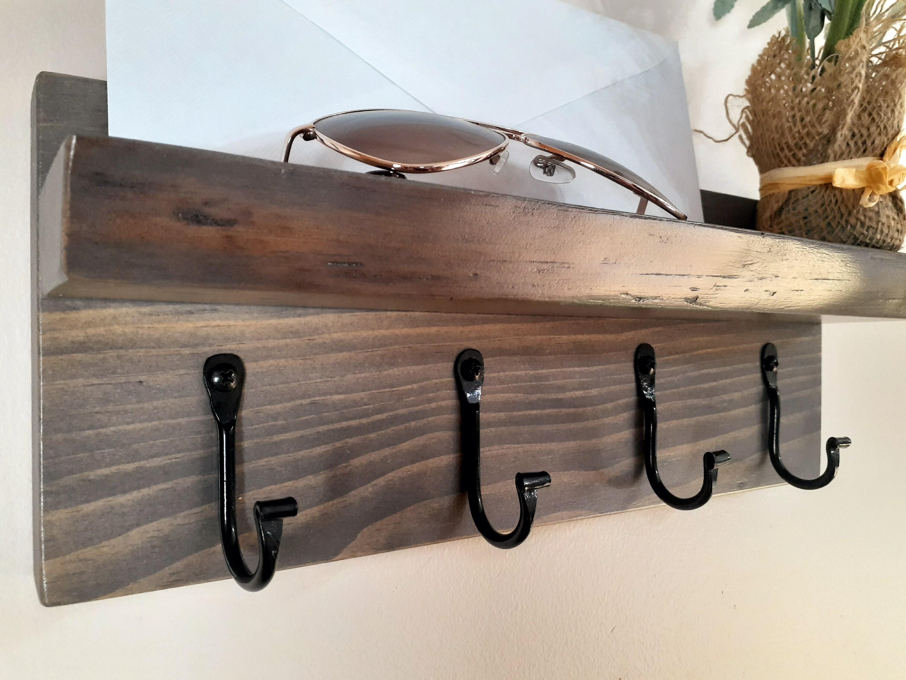 Live Edge Solid Wood Key Rack With Hand Forged Steel Hooks Weathered ...
