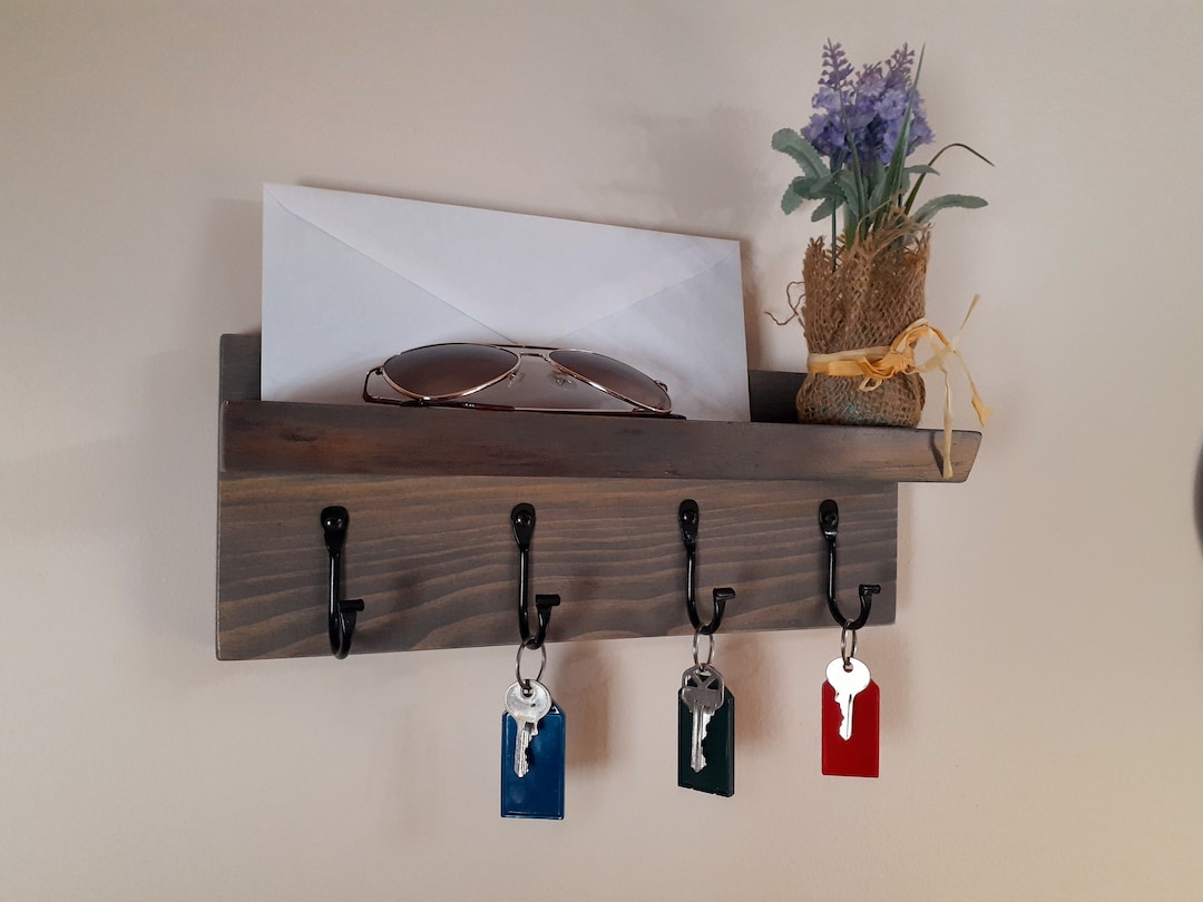 Live Edge Solid Wood Key Rack With Hand Forged Steel Hooks Weathered ...