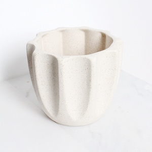 May include: A white ceramic planter with a textured, speckled finish and a fluted design. The planter has a rounded bottom and a wide opening.