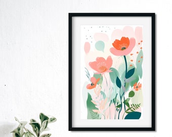 Watercolor Painting Print  Boho Nursery Decor Matisse Flower Garden Pastel Floral Frame Blush Pink Gallery Wall Framed Art Botanical Print