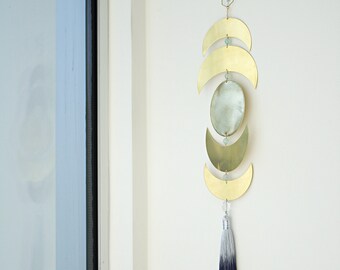 Modern Brass Moon Phases Aquamarine Tassel Wall Hanging Art | Sun Catcher