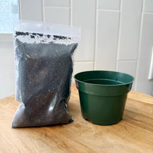 Puede incluir: Una bolsa de plástico transparente llena de tierra oscura se encuentra junto a una maceta de plástico verde oscuro. La maceta está vacía y tiene agujeros de drenaje. Los artículos están sobre una superficie de madera marrón claro.