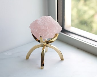 Pink Rose Quartz Crystal Mineral on Brass Modern Claw Display Stand Boho Decor Gemstone Display for Positive Energy Gift Idea Minimalist