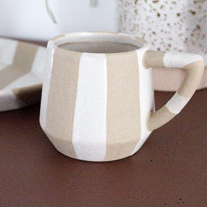 Ceramic Striped Mug Modern Farmhouse Kitchenware Neutral Coffee Cup Boho Chic Drinkware Everyday Tea Cup Minimalist Design Trendy Decor Gift
