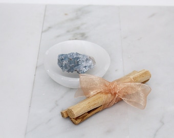 Gift for Healing Meditation Kit Crystal Gift Bundle Palo Santo Selenite Charging Bowl Blue Celestite Cleansing Kit Positive Energy Clearing