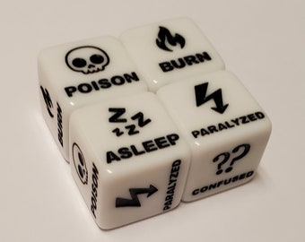 4x Deluxe Pokemon TCG Special Condition Status Dice / Burn, Poison, Paralyzed, Asleep & Confused Markers Plus One Turn Cooldown / 16mm d6