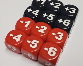 12x Positive & Negative Dice - 6 of -1, -2, -3, -4, -5, -6 and 6 of +1, +2, +3, +4, +5, +6 (Choose Colors)