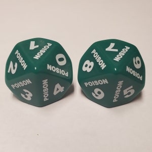 May include: Two green six-sided dice with white numbers and the word "Poison" on each side. The dice are numbered 2, 3, 4, 5, 6, 7, 8, 9, 0, and 1.