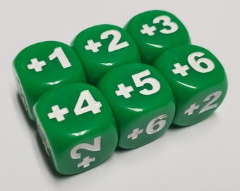 Green Positive Number Dice Set, 16mm Resin +1 to +6 d6 Counters