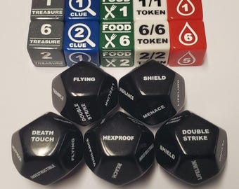 Token & Keyword Dice Set Compatible with Magic: The Gathering (2x Treasure, Clue, Food, Blood and Creature d6s with 5x Keyword d12s)
