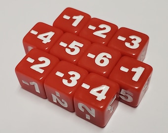 10x Red Negative Micro CCG Stats and Damage Modifier 10mm Dice (-1 to -6)