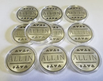 10x All In Poker Chips / Silver Clad Card Protector Bounty Chip Etc.