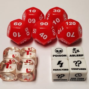 Ultimatives Pokemon TKG Dice Set / Schadenszähler 10-120, Special Condition Counter und Heads & Tails Würfel