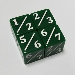 May include: Four green dice with white numbers and fraction bars. The dice show the fractions 1/2, 2/3, 5/6, and 6/7.
