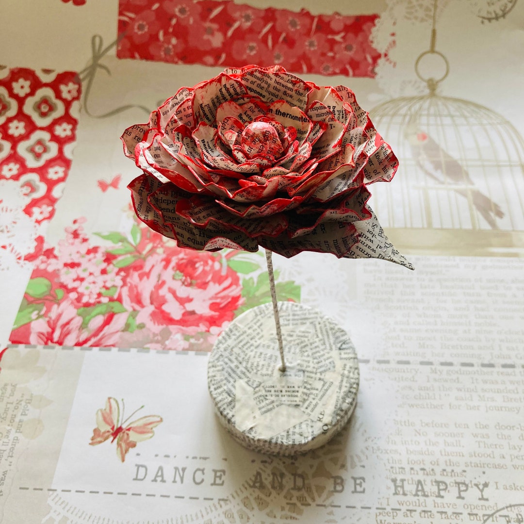 Paper Mache Book Art Sculpture, Book Flower, Red Rose Gift, 1st