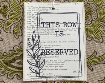 Wedding table decor, reserved tags, vintage book page table seating, literature wedding, book themed wedding decor, book themed centrepiece