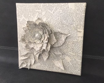 Book art sculpture, paper art sculpture, home decor, book flowers canvas, OOAK 1st wedding anniversary gift, dictionary art