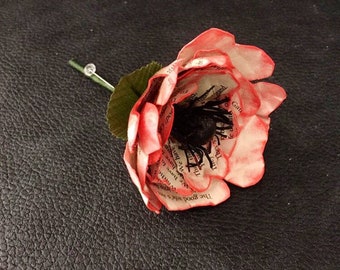 Paper mache flower, poppy, book boutonniere, wedding decor, vintage paper flower boutonniere,, wedding boutonnieres, for groom, best man