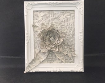 Paper Flowers, Paper Book Flowers, Framed Book Art Sculpture, Book Paper Sculpture, 1st Wedding Paper Anniversary, First Anniversary