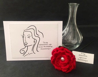 7th Wedding Anniversary Gift With Vase Personalised Tag and Card, Flower Gift, Wool Flower Decor, Wool Gift, Wool Anniversary, Thank You