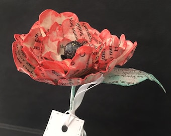 Paper Flower, Handmade Paper Mache Poppy, Book Art Paper Flower Sculpture, Red Poppy, In Loving Memory, Remembrance Anniversary