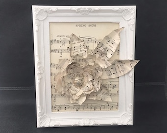 Paper flowers, book art sculpture, book art flower, vintage OOAK 1st paper wedding anniversary, art object, paper art sculpture, paper mache