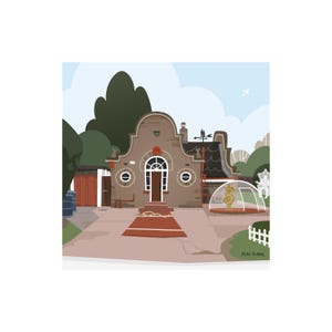 Może przedstawiać: Ilustracja budynku z brązową fasadą, ciemnym dachem i czerwonymi drzwiami. Budynek ma unikalny projekt architektoniczny z okrągłymi oknami i ozdobną chorągiewką. Przezroczysta kopuła mieści złotą statuę. Niebo jest jasnoniebieskie.