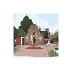 Puede incluir: Ilustración de un edificio marrón con un tejado oscuro, una valla blanca y una vaca en blanco y negro. El edificio tiene una puerta marrón y ventanas circulares. Hay un charco marrón delante.