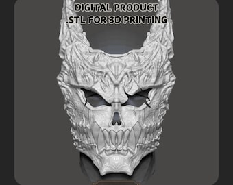 May include: A digitally rendered, white skull mask with prominent horns and sharp teeth, designed for 3D printing. The mask features a cracked texture and is labeled as a digital product from Unchained Hobbies.