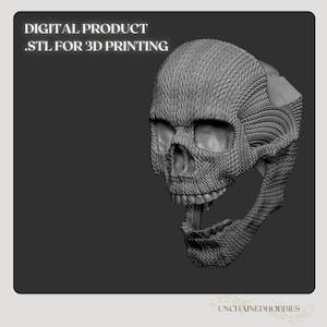 May include: A 3D-rendered skull with a textured, woven pattern. The skull is grey and has an open mouth, with the text "DIGITAL PRODUCT .STL FOR 3D PRINTING" at the top. The image is set against a dark grey background.