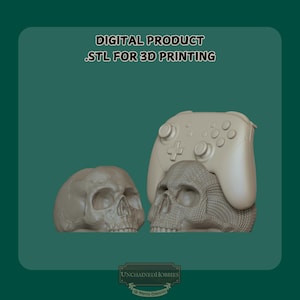 Puede incluir: Un producto digital .STL para impresión 3D que muestra un mando de videojuego claro sobre un cráneo texturizado, junto a un cráneo liso. El texto dice DIGITAL PRODUCT .STL FOR 3D PRINTING y UNCHAINEDHOBBIES.