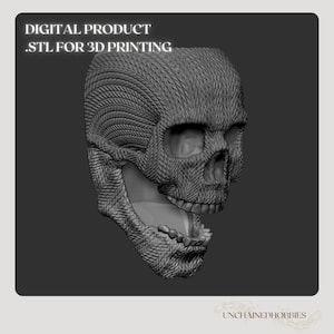 Puede incluir: Un modelo de cráneo humano impreso en 3D con una superficie texturizada. El cráneo está abierto en la mandíbula y tiene dientes. El texto "DIGITAL PRODUCT .STL FOR 3D PRINTING" está en la parte superior de la imagen. El texto "UNCHAINEDHOBBIES" está en la parte inferior de la imagen.
