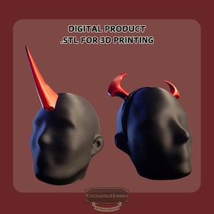 May include: Two black mannequin heads, each with a different red horn design. One head has a single, long, pointed horn, while the other has two curved horns attached to a headband. Text at the top reads "DIGITAL PRODUCT .STL FOR 3D PRINTING".