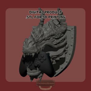 May include: A 3D-printed dragon head design, holding a game controller, with a shield. The dragon is grey and has sharp teeth. The shield is grey with rivets. Text at the top reads "DIGITAL PRODUCT .STL FOR 3D PRINTING".