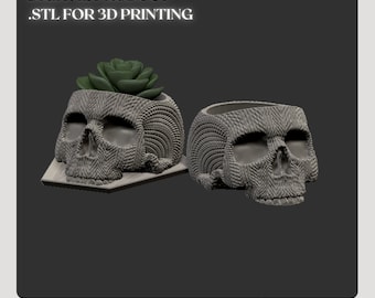 May include: Two gray skull-shaped planters with a textured design. One planter holds a green succulent. The text "DIGITAL PRODUCT .STL FOR 3D PRINTING" is at the top. The planters are on a dark background.
