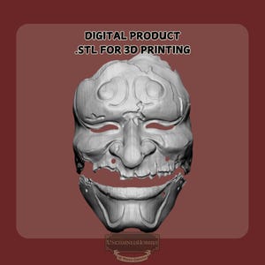 May include: A digitally rendered, grayscale mask with a distressed appearance, featuring open eye sockets and a partially detached lower jaw. The text "DIGITAL PRODUCT .STL FOR 3D PRINTING" is displayed at the top. The logo "UnchainedHobbies" is at the bottom.