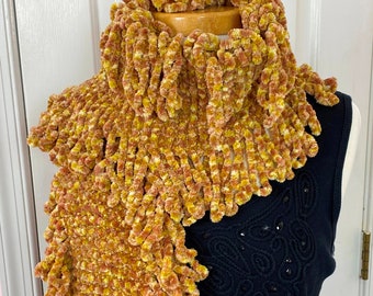 Caramel Winter scarf, Chunky Hand knitted fringe scarf