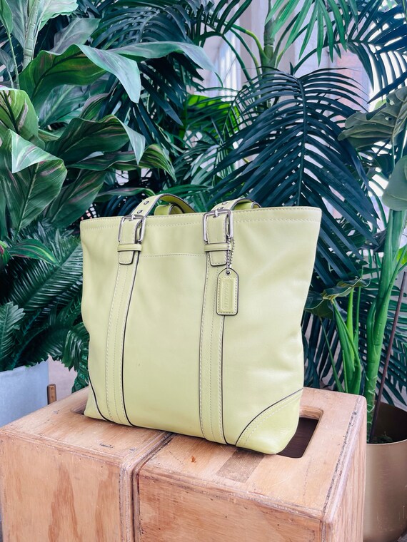 Coach Lime Green Straw and Leather Small Tote Bag