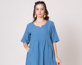 Blue Cotton Dress, Summer Dress, Short Shift Dress, Empire Waist, Short Sleeve Tunic, Dress with Pockets, Pajama Dress, Midi Linen Dress xxl