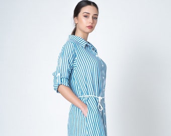 Striped Shirt Dress, Midi Shirt Dress, Summer Shirt Dress, Dress with Pockets, Blue Cotton Dress, Blue Beach Dress, Blue Stripe Casual Dress